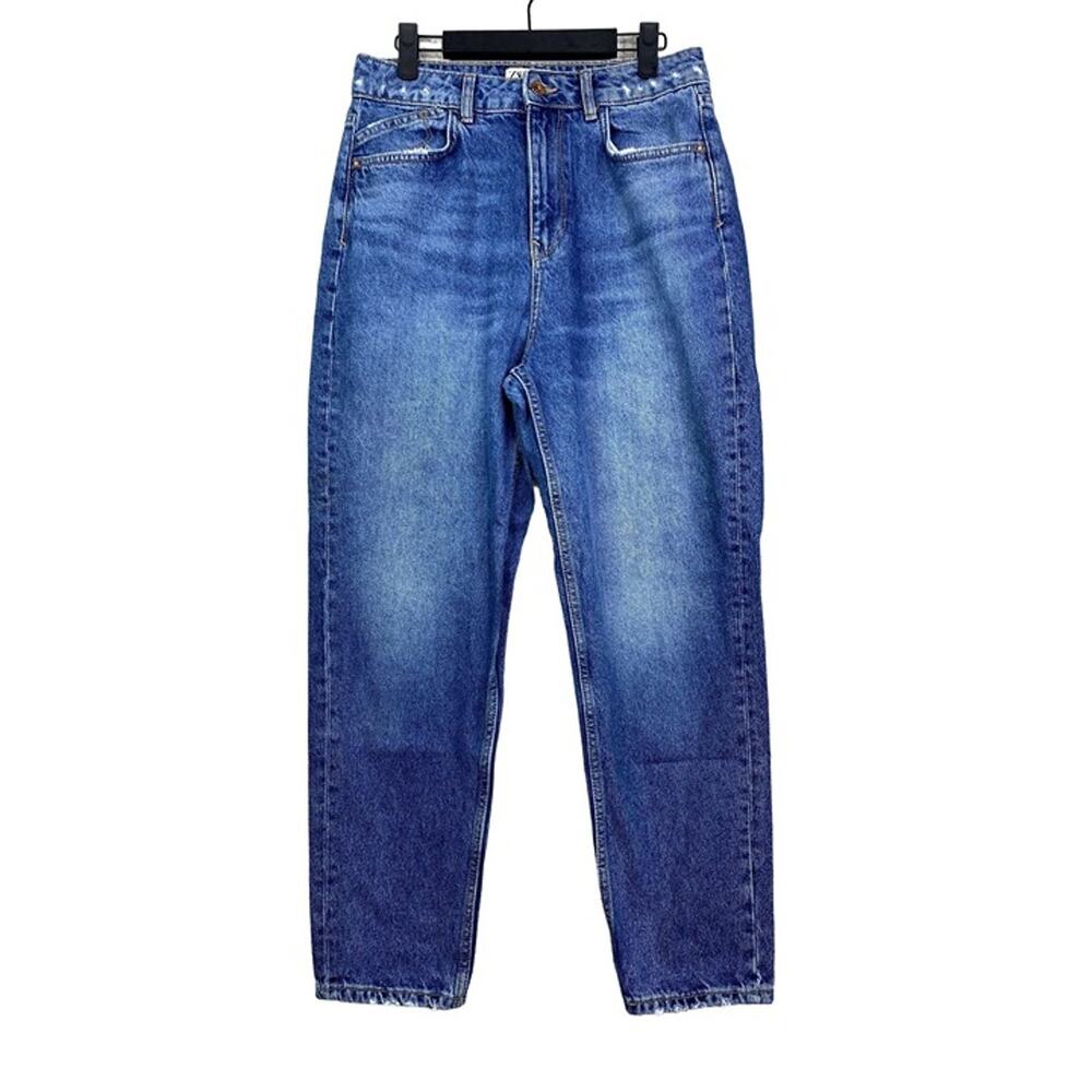 Zara Straight Leg High Rise Semi Distressed Casual Ankle Jean Stretch 8 Blue
